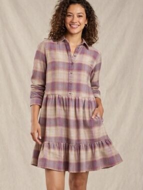 Toad&Co Lavender & Cream Plaid Tiered Shirt Dress